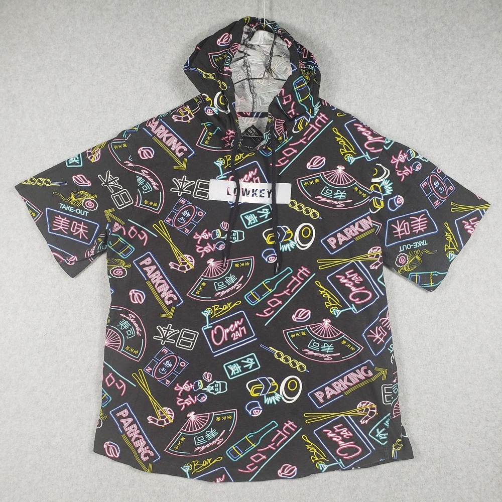 ORIGINAL GRAVITY Black Pink‎ Neon Japanese Graphic Hoodie Mens L Y2K Streetwear